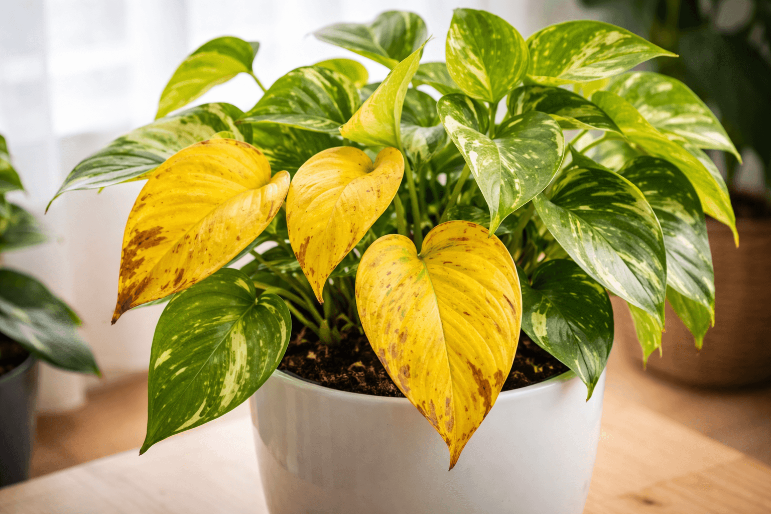 Pothos plant with yellowing leaves showing signs of overwatering or nutrient deficiency