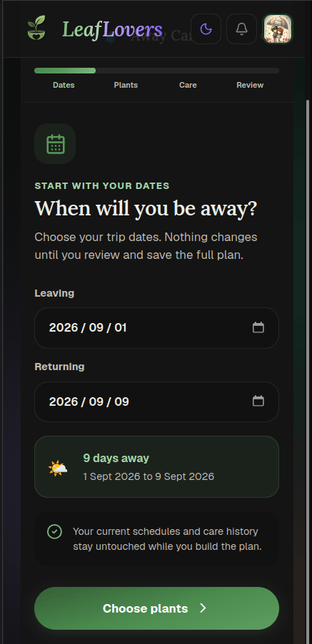 LeafLovers Away Care screen for choosing departure and return dates before planning care for each plant